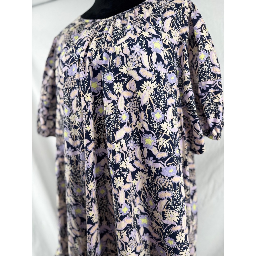 Ava & Viv Womens 2X Floral Cotton Shift Dress Navy Purple Tiered Puff Sleeve - Picture 3 of 8